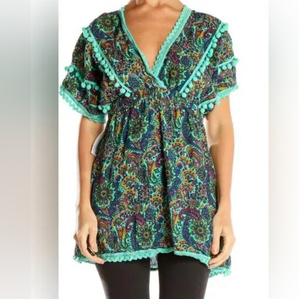 America & Beyond Nola Teal paisley Mini Bohemian Dress or Beach Cover-